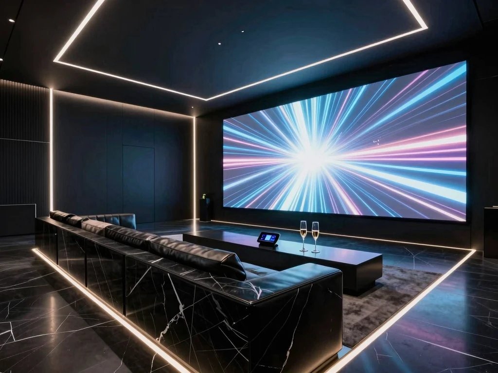 클럽 레이저와 미디어월이 켜진 파티룸 전경